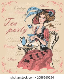 Mujer vieja en un sombrero bebiendo té. Dama en crinoline.Fiesta de té. Encanto. Vintage. Inscripciones.  Es hora de beber té. Vector