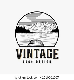 Vintage Lake Scenery Logo Design Inspiration, Hand Drawn Lake And Mountain Isolated On White Background