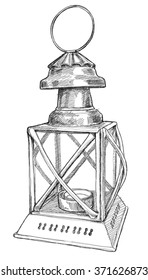 Vintage lamp with a candle - vector black and white illustration