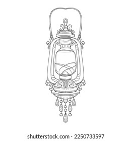 Vintage lamp, flashlight. Decorated with engraving, pendant made of precious stones. Metal, glass, jewelry. Hand drawing, sketch, outline. Isolated on white background. Vector illustration.