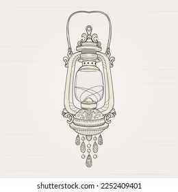 Vintage lamp, flashlight, lantern. Classical drawing. Decorated with engraving, pendant made of precious stones. Metal, glass, jewelry. Hand drawing, sketch, outline. Vector illustration.