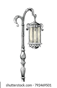 Vintage lamp post hand drawing engraving illustration on white background