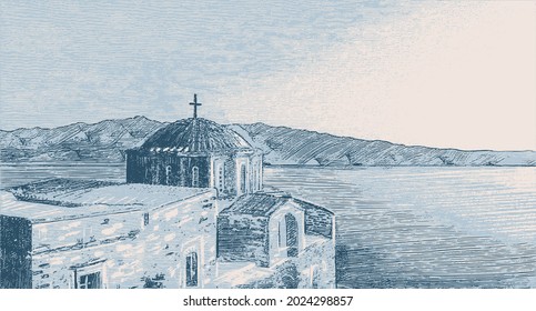 Vintage landscape, coastal orthodox church, balkan christian monastery. Traditional drawing, engraving, sea view vector illustration, hand drawn aegean scenery