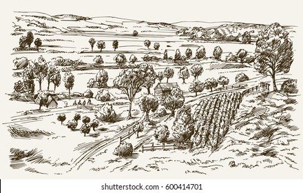 Vintage landscape, New England farm, hand drawn vector illustration.