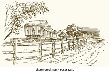 Vintage landscape, New England farm, hand drawn vector illustration.