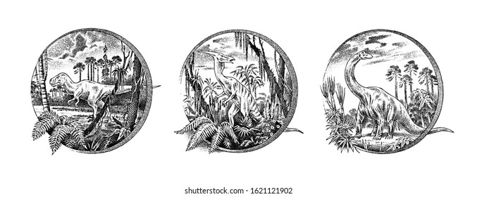 Vintage landscape set. Dinosaurs in the rainforest. Old retro Template for logo or label. Hand drawn engraved monochrome sketch. Vector illustration