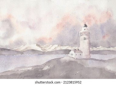 Vintage Landscape Watercolor Illustration of Lighthouse with Mountains, Sea dan Sky	