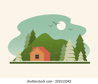 Vintage landscape with wooden house in the mountains.