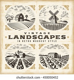 Vintage landscapes set. Editable EPS10 vector illustration in retro woodcut style with clipping mask and transparency.