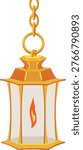 Vintage lantern with burning candle hanging on a chain. Ceiling lamp with golden lampshade, chandelier oriental style. Vector flat illustration of antique lamp interior design element