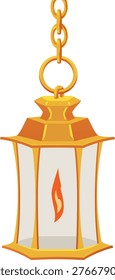 Vintage lantern with burning candle hanging on a chain. Ceiling lamp with golden lampshade, chandelier oriental style. Vector flat illustration of antique lamp interior design element
