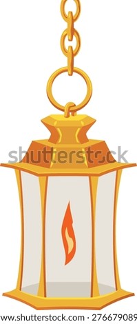 Vintage lantern with burning candle hanging on a chain. Ceiling lamp with golden lampshade, chandelier oriental style. Vector flat illustration of antique lamp interior design element