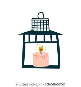 Vintage Lantern with Burning Candle Vector Illustration