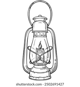 Vintage lantern with candle. Camping lamp. Autumn cozy decor. Vector illustration in hand drawn sketch doodle style. Line art isolated on white for coloring book, print