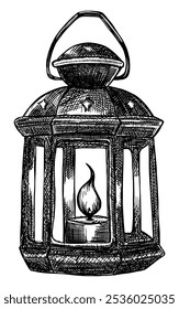 vintage lantern with candle flame isolated on white background hand drawn sketch card design element ink line art detailed vector illustration