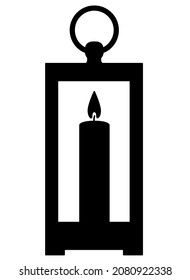 Vintage lantern with candle - vector silhouette illustration. Table or hanging lamp with a candle. Flashlight.