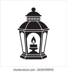 Lanterna vintage com chama de vela cintilante Uma ilustração preta e branca antiga evocando calor e nostalgia através de design simples