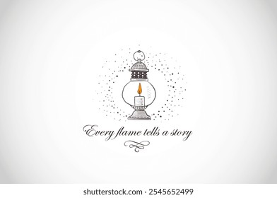 Vintage lantern with a glowing candle on white background. Vector illustration with place for your text.