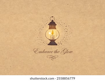 Vintage lantern with a glowing candle on a beige textured background. Vector illustration with place for your text.