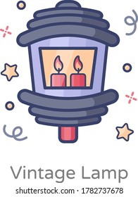 Vintage lantern icon in flat design, candle lamp 