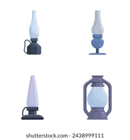 Vintage lantern icons set cartoon vector. Different old oil lamp. Lighting equipment