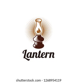 Vintage lantern illustration logo, lamp, fire, light line art vector icon