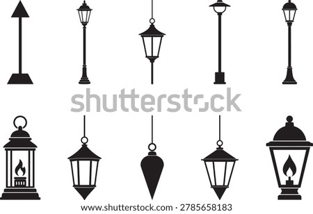 Vintage Lantern Lamp Silhouette Set on White Background, Street Light and Hanging Lamp Vector Collection