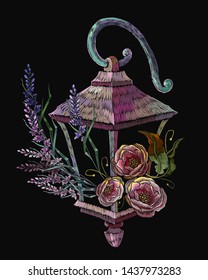 Vintage lantern, lavender and roses flowers. Spring good night, embroidery. Street light art. Fashion template for clothes, tapestry, t-shirt design 