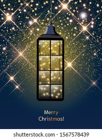 Vintage lantern with LED string lights in Scandinavian style with stardust on dark blue sky and text Merry Christmas, vector illustration, eps 10 with transparency