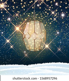 Vintage lantern with LED string lights with stardust on dark blue sky and snow, vector illustration, eps 10 with transparency
