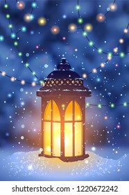 Vintage lantern and magical snowfall at the winter night spruce forest background. Hanging holiday lights for a Christmas party