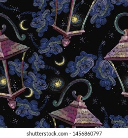 Vintage lantern, moon and night sky seamless pattern. Embroidery. Good night, dreams concept. Street light art. Fashion fantasy template for clothes, tapestry, t-shirt design 