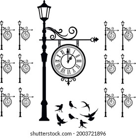 vintage lantern old streets romance swiss retro roman numerals history light birds 12 tvelve o'clock time vector promenade venice italy georgia steampunk decor design lighting landscape curls sticker