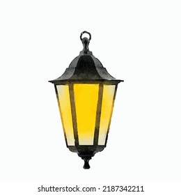 Vintage lantern on white background. Street light vector picture. Retro lantern illustration. Street light hand drawn. Retro lantern. Watercolor style. Picture for logo, greeting card and design.