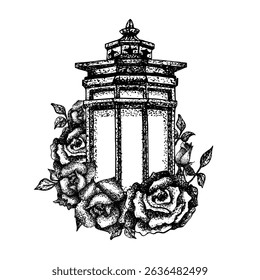 Vintage lantern, roses. Gothic illustration with flowers for Halloween, Day of the Dead. Black graphic line art. Isolated from background with white plate. For textile, postcards, posters, stationery.