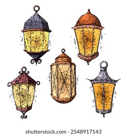 vintage lantern set hand drawn. classic rustic, collectible oil, brass metal vintage lantern vector sketch. isolated color illustration