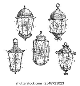 vintage lantern set hand drawn. classic rustic, collectible oil, brass metal vintage lantern vector sketch. isolated black illustration