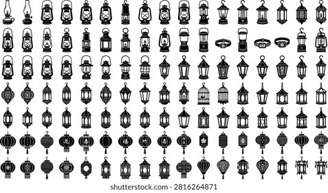 Vintage lantern silhouette vector mega bundle featuring traditional oil lamps arabic ramadan lamps and asian hanging paper lanterns