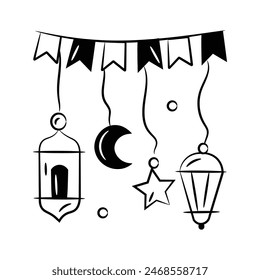 Vintage lantern and stars with garlands showing concept vector of ramadan decoration