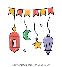 Vintage lantern and stars with garlands showing concept vector of ramadan decoration