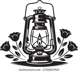 Lanterna vintage cercada por flores em uma ilustração clássica em preto e branco simbolizando nostalgia e aventura ao ar livre com uma fonte de luz de acampamento tradicional.