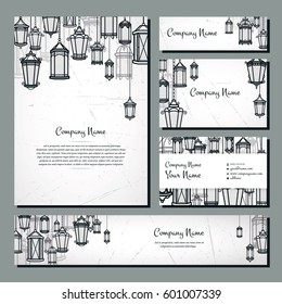 Vintage lantern vector banner background set. Retro antique backrop for business. Classic hanging light cover illustration. Elegant invitation postcard paper design. Traditional card. Victorian style.