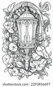 Vintage lantern vector coloring book black and white for kids and adults isolated line art on white background.