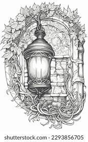 Vintage lantern vector coloring book black and white for kids and adults isolated line art on white background.