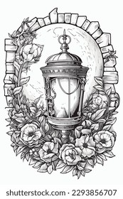 Vintage lantern vector coloring book black and white for kids and adults isolated line art on white background.