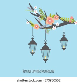 Vintage lanterns with flowers vector background