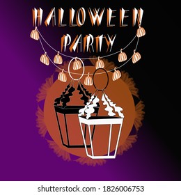 Vintage lanterns garland of pumpkins and circle of light on a black purple background. Selling vector illustration with attributes Halloween Party. 