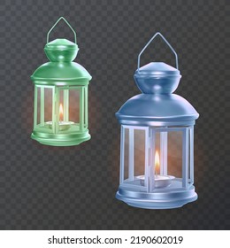 Vintage  lanterns with glowing candles. Vector realistic set of hanging luminous lamps with colorful arabian ornament. Islamic shining famous isolated on transparent background