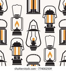 Vintage lanterns pattern in monochrome. Different oil lamps and retro lanterns seamless background in outline style.
