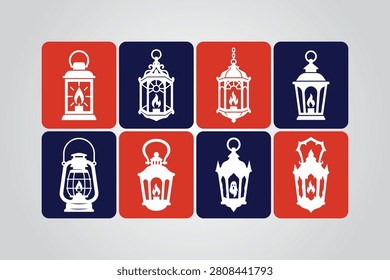 Vintage lanterns in red and navy squares flat vector illustration